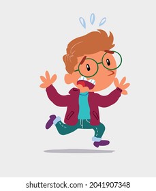 cartoon character of  little boy on jeans runs away in terror
