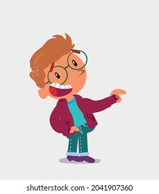 cartoon character of  little boy on jeans points to his side while laughing
