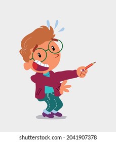 cartoon character of  little boy on jeans laughs while pointing to the side with a pencil