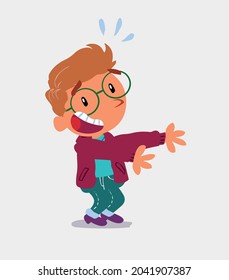 cartoon character of  little boy on jeans laughing a lot while showing something