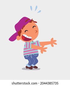 cartoon character of  little boy on jeans laughing a lot while showing something