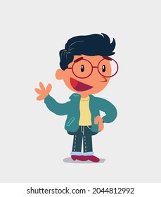 cartoon character of  little boy on jeans waving happily