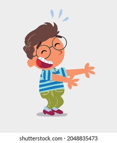 cartoon character of  little boy on jeans laughing a lot while showing something