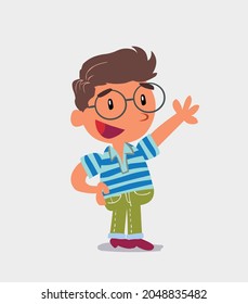 cartoon character of  little boy on jeans explaining something while pointing
