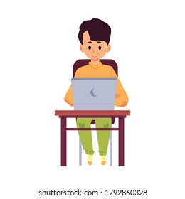 Cartoon character of little boy or teen sitting at table and using laptop, flat vector illustration isolated on white background. Internet computer technologies for kids.