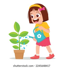 Cartoon character little cheerful girl with blue watering can watering the plant