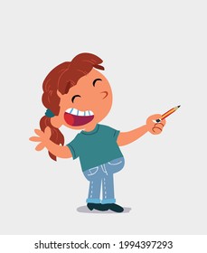 cartoon character of  little girl on jeans is happy while pointing to the side with a pencil