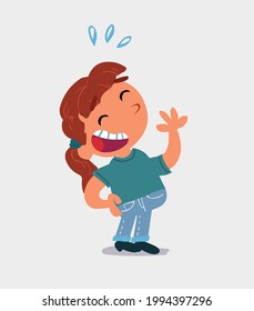 cartoon character of  little girl on jeans laughing happily