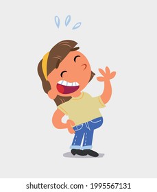 cartoon character of  little girl on jeans laughing happily