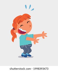 cartoon character of  little girl on jeans laughing a lot while showing something