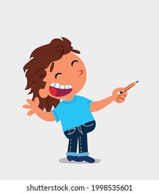 cartoon character of  little girl on jeans is happy while pointing to the side with a pencil