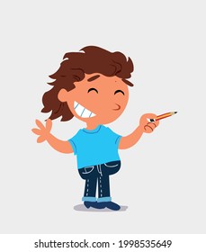 cartoon character of  little girl on jeans says something funny while pointing to the side with a pencil