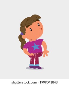 cartoon character of  little girl on jeans looks with doubt and somewhat surprised