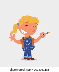 cartoon character of  little girl on jeans says something funny while pointing to the side with a pencil