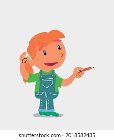 cartoon character of  little girl on jeans doubts while pointing with a pencil