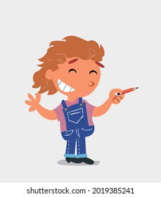cartoon character of  little girl on jeans says something funny while pointing to the side with a pencil