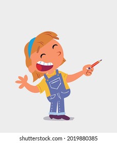 cartoon character of  little girl on jeans is happy while pointing to the side with a pencil