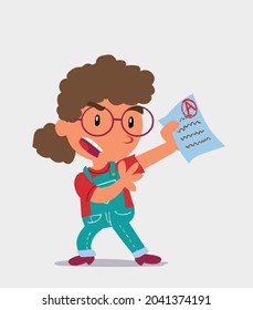 cartoon character of  little girl on jeans arguing effusively with exam in hand
