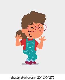 cartoon character of  little girl on jeans shrinks somewhat shy