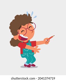 cartoon character of  little girl on jeans laughs while pointing to the side with a pencil