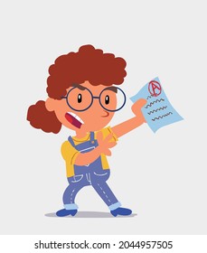 cartoon character of  little girl on jeans arguing effusively with exam in hand