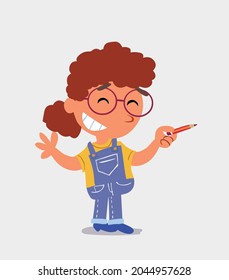 cartoon character of  little girl on jeans says something funny while pointing to the side with a pencil