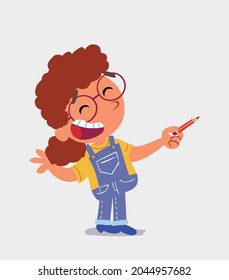 cartoon character of  little girl on jeans is happy while pointing to the side with a pencil