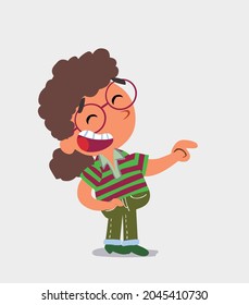 cartoon character of  little girl on jeans points to his side while laughing
