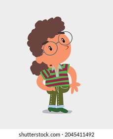 cartoon character of  little girl on jeans looks with doubt and somewhat surprised
