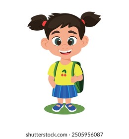 Cartoon character of a little girl in a yellow t-shirt, blue striped skirt, blue sandals and with a green backpack isolated on white. Happy child with a cheerful smile on her face. Flat vector EPS10