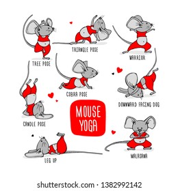 Cartoon character Little gray mouse in red clothes. Practicing Yoga. Healthy Lifestyle. Fun poster, t-shirt composition, handmade vector illustration.