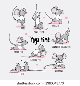 Caricatura: Pequeños Mouses grises. Practicar Yoga. Estilo de vida saludable. Afiche divertido, composición en pantalones t, ilustración vectorial hecha a mano.