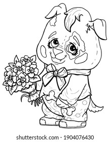 Cartoon character, little romantic charming doggy with big eyes and round head,  in sneakers, with festive bow-knot on neck and pants with polka-dots, with bouquet of flowers and with bone in a paw.