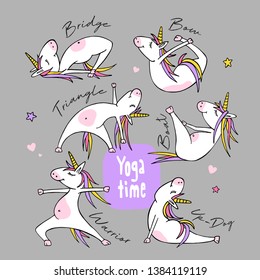 Caricatura de Little White Unicorn de fondo gris. Practicar Yoga. Estilo de vida saludable. Afiche divertido, composición en pantalones t, ilustración vectorial hecha a mano.