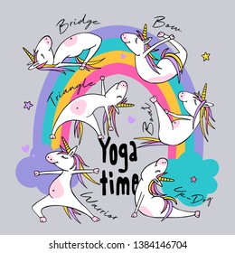 Cartoon character Little white Unicorn on a rainbow. Practicing Yoga. Healthy Lifestyle. Fun poster, t-shirt composition, handmade vector illustration.