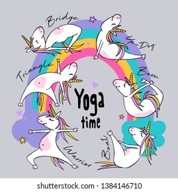 Cartoon character Little white Unicorn on a rainbow. Practicing Yoga. Healthy Lifestyle. Fun poster, t-shirt composition, handmade vector illustration.