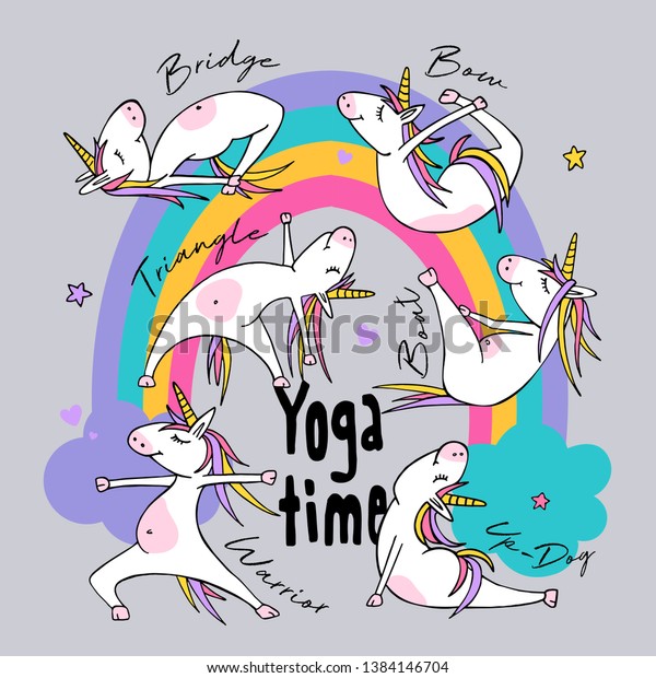 虹の背景に漫画のキャラクターの小さな白い一角獣 ヨガの練習 健康的なライフスタイル 楽しいポスター Tシャツの構図 手作りのベクターイラスト のベクター画像素材 ロイヤリティフリー