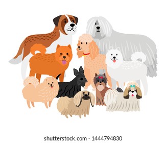 Caricatura que ama el pelo grande y los perros pequeños. Mascotas vectoriales aisladas en fondo blanco. Ilustración de perros animales lindos, amigos mascotas