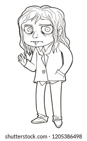 Cartoon character with long hair in jacket.  Doodle drawing of weird young guy with big eyes