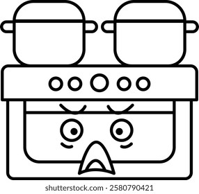 A cartoon character is looking at a stove with pots on it