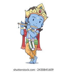 Cartoon character of Lord Krishna playing the flute. Happy Janmashtami festival, India.