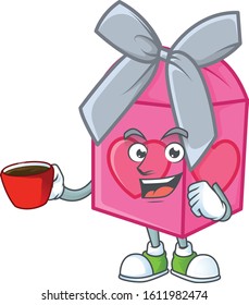 cartoon character of love gift pink with a cup of coffee