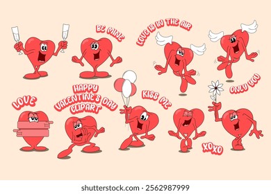 cartoon character of love heart set, happy valentines day big set stickers,