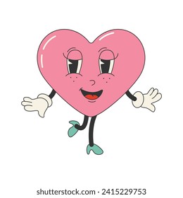 Cartoon character in love pink heart in groovy style. Cute and flirty.Isolated on white background.Valentine's Day.Vector stock illustration.