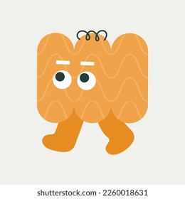 Cartoon character, lovely small man. Mascot design, orange wavy line, goes to the left. Funny sticker, for kids, emoji face. Isolated on white
