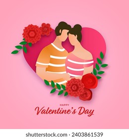 Cartoon Character of A Loving Young Couple Together over Heart Shape Decor with Flower and Leaves for Happy Valentine's Day Concept.