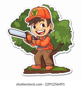 Cartoon character lumberjack tree surgeon arborist chainsaw.Woodworking and carpentry. Cartoon vector illustration. label, sticker, t-shirt printing