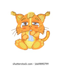 cartoon character lynx wipes tears with a handkerchief