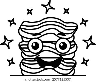 A cartoon character made of bacon is smiling and surrounded by stars