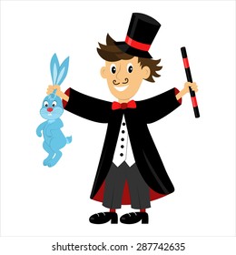 cartoon character magician holding a magic wand and a rabbit